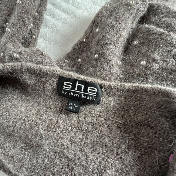 She by Sheri Bodell Wool Blend Pearl Embellished V-neck Sweater 10, Large Brown - Picture 3 of 8